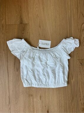 Katie J NYC White Elastic Waist Ruffle Top